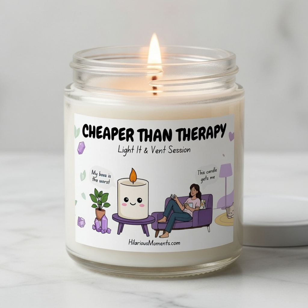 A lit scented candle in a clear glass jar with a white wax fill and a colorful printed label that reads 'CHEAPER THAN THERAPY' and 'Light H & Vent Session.' The label includes a cartoon illustration of a candle, a potted plant, a person lounging on a couch, and the website HilariousMoments.
