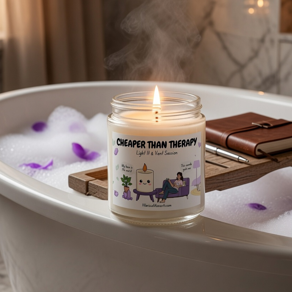A lit glass jar candle labeled 'CHEAPER THAN THERAPY' sits in a bathtub filled with bubbles, with a wooden float, notebook, and steam rising around it.