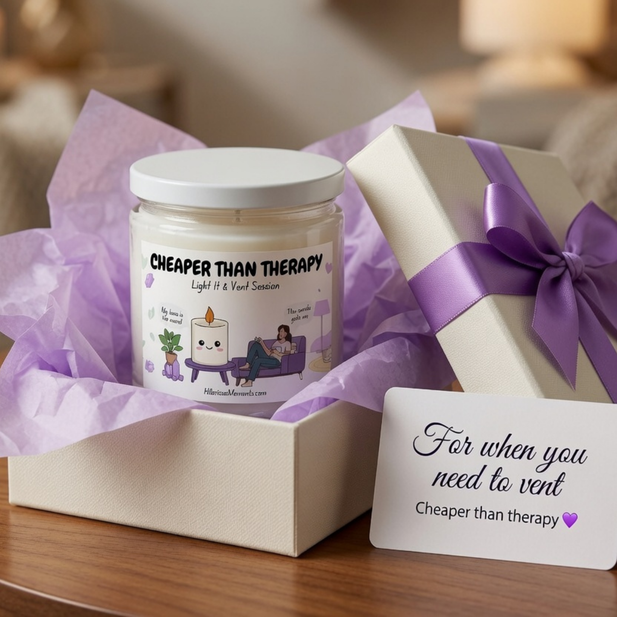 A jar candle labeled 'CHEAPER THAN THERAPY' sits in a cream gift box lined with lavender tissue paper, with the matching box lid beside it tied in a purple ribbon and a small card reading 'For when you need to vent Cheaper than therapy'.