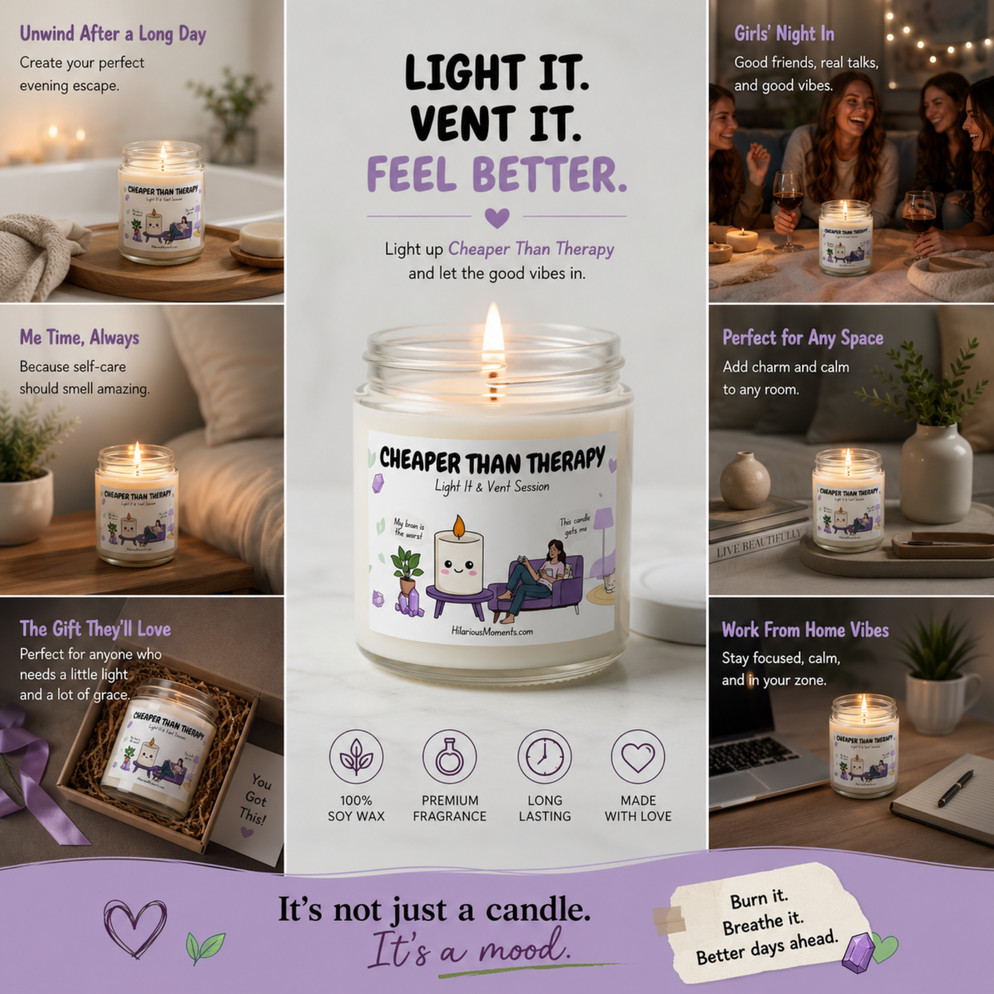 A collage-style product listing for a scented candle. The center panel shows a lit glass jar candle with a white wax body, purple text reading 'CHEAPER THAN THERAPY,' and small illustrated characters on the label.