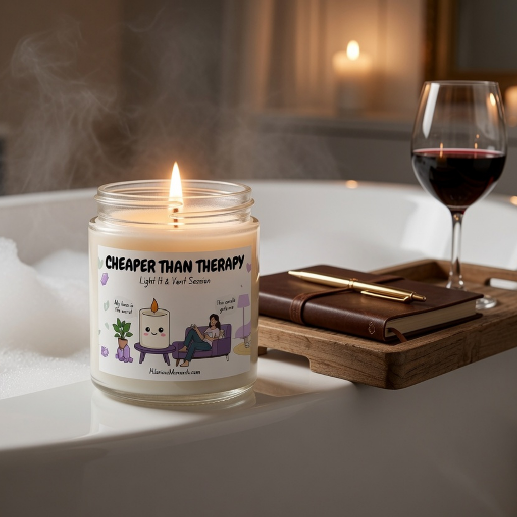 A lit candle in a clear glass jar sits on the edge of a white bathtub, with a wine glass, notebook, and pen nearby. The candle label reads 'CHEAPER THAN THERAPY' and shows a small cartoon illustration.