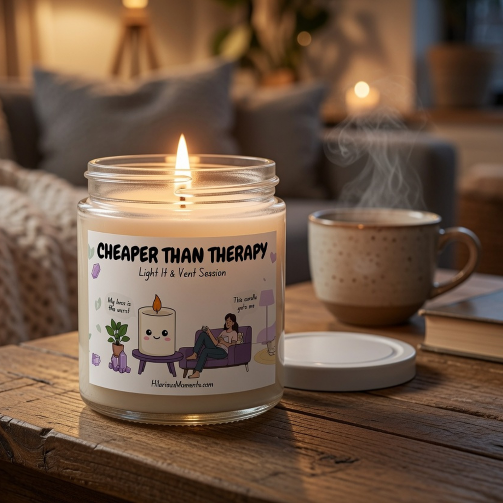A lit candle in a clear glass jar sits on a wooden table in a cozy living room setting, with a ceramic mug and a small lid nearby. The candle label reads 'CHEAPER THAN THERAPY' and includes a cute cartoon illustration.