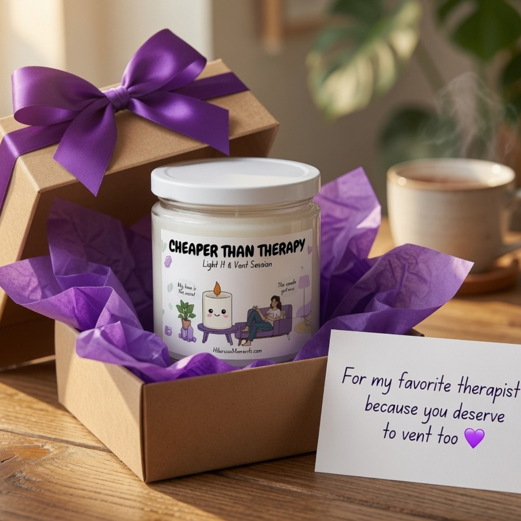 A jar candle presented in an open kraft gift box with a purple ribbon and tissue paper, alongside a handwritten note on a wooden table. The candle label reads 'CHEAPER THAN THERAPY Light & Visual Session' and features a cartoon candle character.