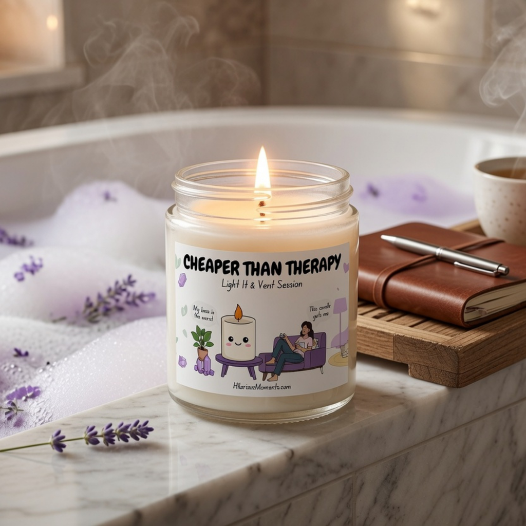 A lit scented candle in a clear glass jar sits on a marble surface beside a bath, with bubbles, lavender sprigs, a brown notebook, and a pen in the background. The candle label reads 'CHEAPER THAN THERAPY' and shows a small illustrated scene with a candle, a plant, a purple chair, and a person.